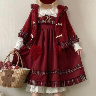 Set: Plaid Trim Midi A-line Pinafore Dress + Hooded Furry Cape