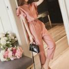Ruffle Trim Short-sleeve Tie-waist Straight-cut Jumpsuit