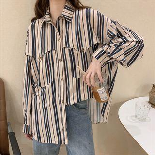 Loose-fit Pocket Striped Shirt As Shown In Figure - One Size