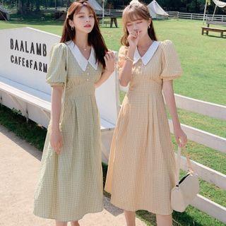 Short-sleeve Plaid Wide-collar A-line Midi Dress