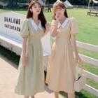 Short-sleeve Plaid Wide-collar A-line Midi Dress