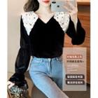Long-sleeve Lace Collared Velvet Top