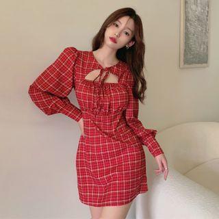 Long-sleeve Plaid Cutout Mini Dress