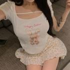 Short-sleeve Lettering Printed T-shirt / High-waist Floral Mermaid Skirt