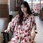 Rose Print Elbow-sleeve Shirt As Shown In Figure - One Size