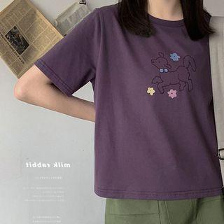 Short-sleeve Plain Crew-neck Print Loose-fit Cropped T-shirt