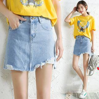 Asymmetric Distressed Denim A-line Skirt