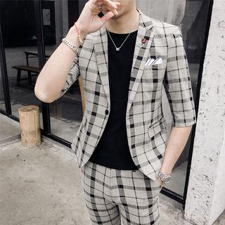 Suit Set: Elbow-sleeve Plaid Blazer + Dress Pants