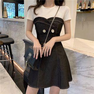 Short-sleeve Paneled Stitch Trim A-line Mini Dress As Shown In Figure - One Size