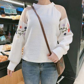 Mesh Panel Embroidered Long-sleeve Top