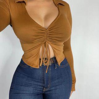 Long-sleeve Collared V-neck Drawstring Crop Top