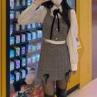 Bow-neck Shirt / Plaid Cropped Vest / Mini A-line Skirt / Set