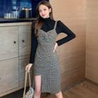 Long-sleeve Knit Top / Houndstooth Midi Sheath Overall Dress