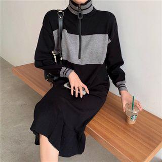 Half Zip Color Block Long-sleeve Knit Dress