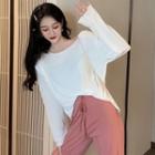 Long-sleeve Plain T-shirt / Drawstring Wide Leg Pants