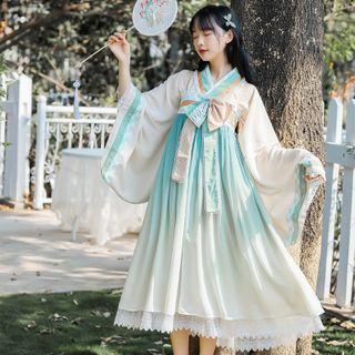 Set: Hanfu Top + Checkered Bow Overall Dress
