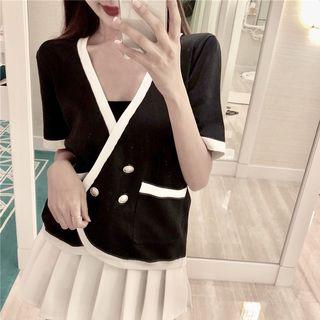 Contrast Trim Short-sleeve Knit Jacket Black - One Size