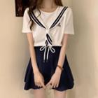 Set: Sailor Collar Short-sleeve T-shirt + A-line Skirt Set - White T-shirt & Skirt - Black - One Size