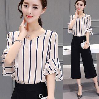 Set: Striped Elbow-sleeve Chiffon Top + Wide-leg Pants