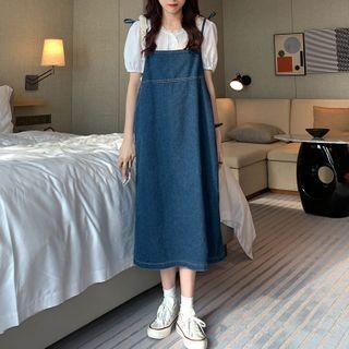Midi A-line Denim Jumper Dress As Shown In Figure - One Size