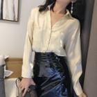 Long-sleeve Satin Plain Collar V-neck Button-up Loose-fit Blouse