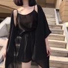 Set : Spaghetti Strap Top + Shorts + Light Jacket