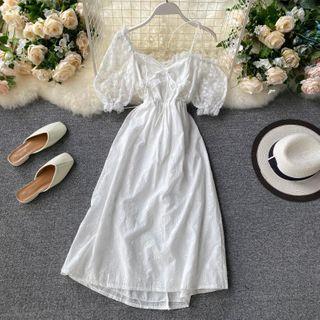 Lace Cold-shoulder Midi A-line Dress White - One Size