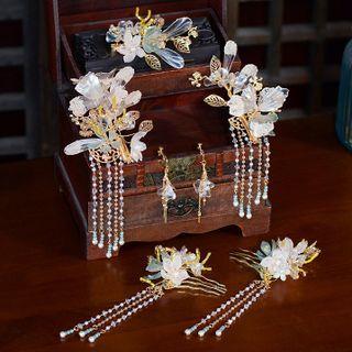 Set Of 6: Flower Beaded Headpiece + Clip-on Earring Set Of 6 - Gold - One Size