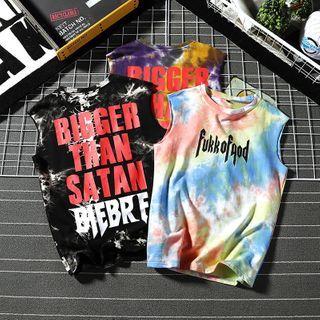 Sleeveless Lettering Tie-dye Print T-shirt