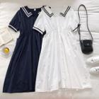 Sailor Collar Contrast Trim Short-sleeve Midi A-line Dress
