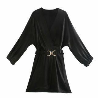 Set; Long-sleeve V-neck Dress + Belt
