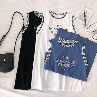 Lettering Print Striped Trim Panel Sleeveless Dress