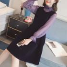 Set: Mock-neck Long-sleeve Mesh Top + Plain Sleeveless A-line Dress