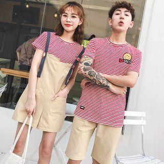 Couple Matching Set: Striped Short-sleeve T-shirt + Pocketed Jumper Shorts / Striped Short-sleeve T-shirt / Plain Shorts
