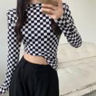 Long-sleeve Mock-neck Check Top Check - Black & White - One Size
