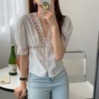 Short-sleeve Lace Trim Button-up Blouse White - One Size