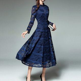 3/4-sleeve Lace Panel Midi A-line Dress