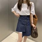Elbow Sleeve Oversized T-shirt / Asymmetrical Denim Skirt