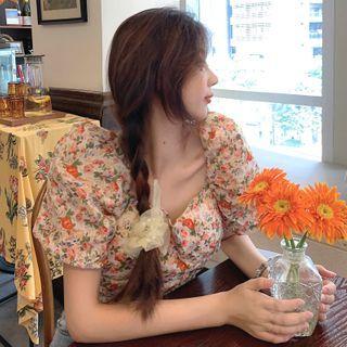 Floral Puff-sleeve Slim-fit Top Almond - One Size