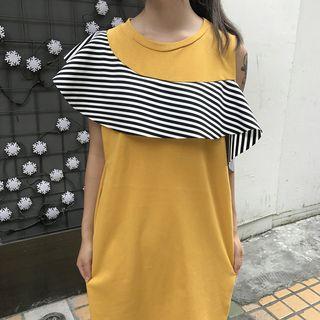 Striped Panel Cut Out Shoulder Short Sleeve Dress
