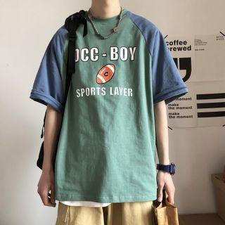 Raglan Elbow-sleeve Rugby Print T-shirt