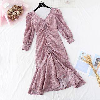 Floral Print Long-sleeve Ruffle Hem Midi A-line Dress