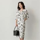 Printed V-neck 3/4-sleeve Midi Sheath Dress