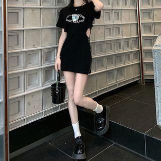 Short-sleeve Print Cut-out Zip Dress Black - One Size