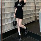 Short-sleeve Print Cut-out Zip Dress Black - One Size