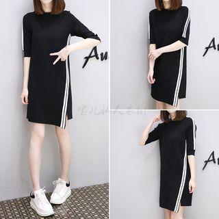 Elbow-sleeve Asymmetric Striped Trim Mini Dress