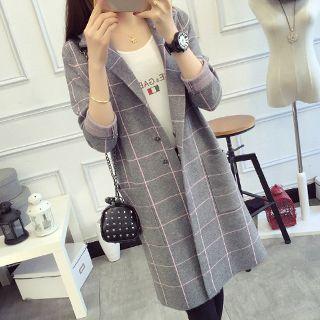 Check Long Knit Coat