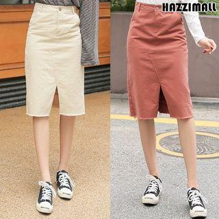 Cutout-front Fray-hem Midi Skirt