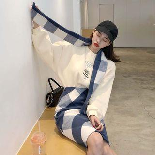Lettering Embroidered Sweatshirt / Plaid Scarf / A-line Skirt / Set