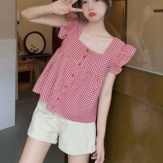 Sleeveless Gingham Flowy Top Gingham - Red - One Size